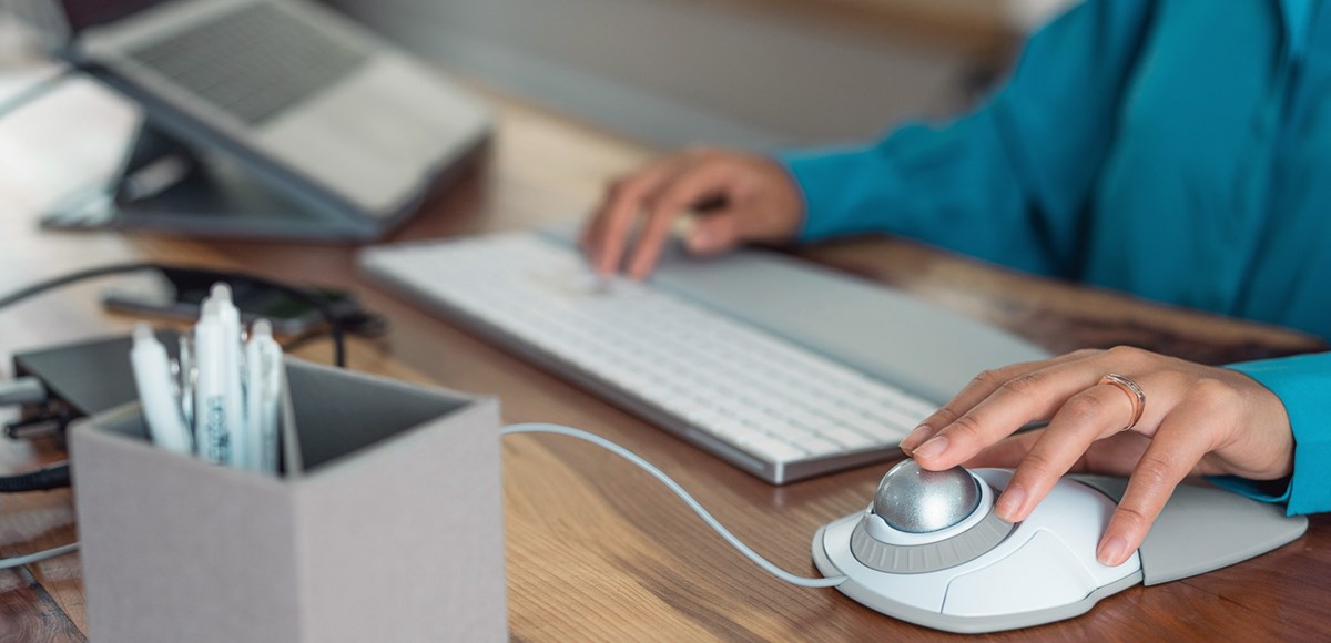 Set up with a Kensington trackball wrist rest and laptop riser.