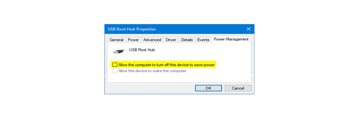 Screenshot of USB Root Hub Properties window with checkbox for 