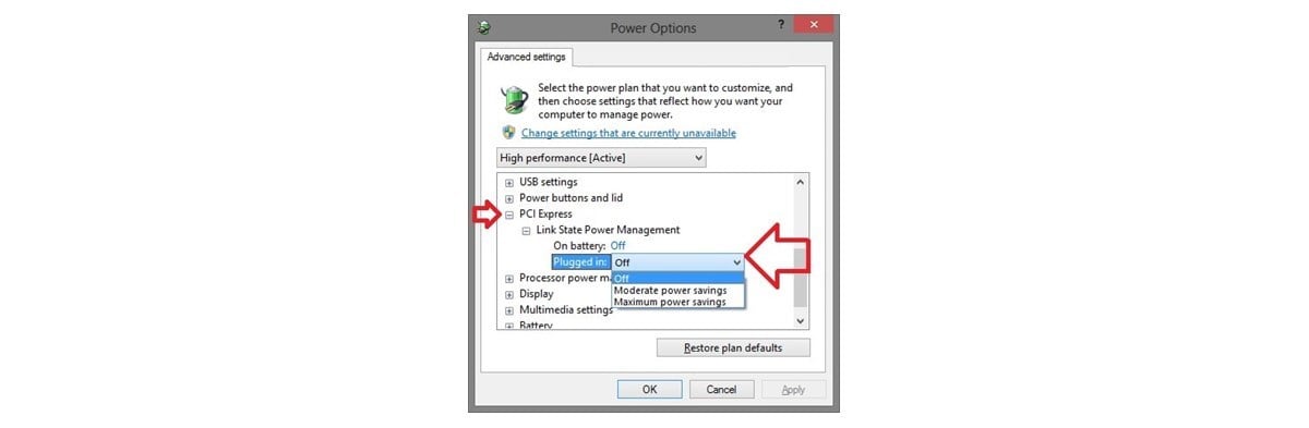 Als u Link State Power Management wilt uitschakelen voor PCI Express  opent u het vervolgkeuzemenu onder Instelling (geen batterij) of Op batterijen Netstroom.