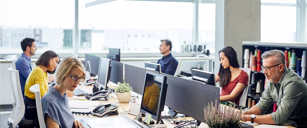 group of people working in an open office.