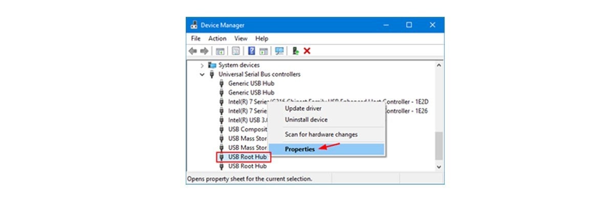 Wanneer het venster voor apparaatbeheer wordt geopend, vouwt u het item USB-controllers uit. Klik vervolgens met de rechtermuisknop op de USB-basishub en selecteer Eigenschappen.