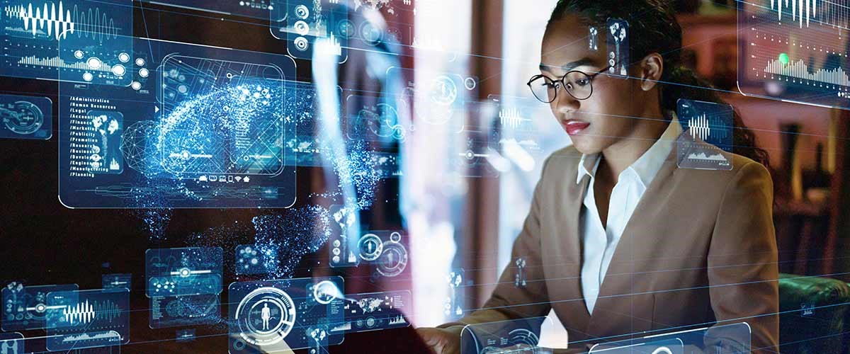 Woman surrounded by digital elements that allude to technology and digital security.