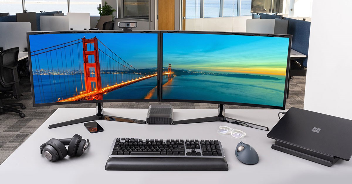 Desk set up with Kensington video conferencing tools.