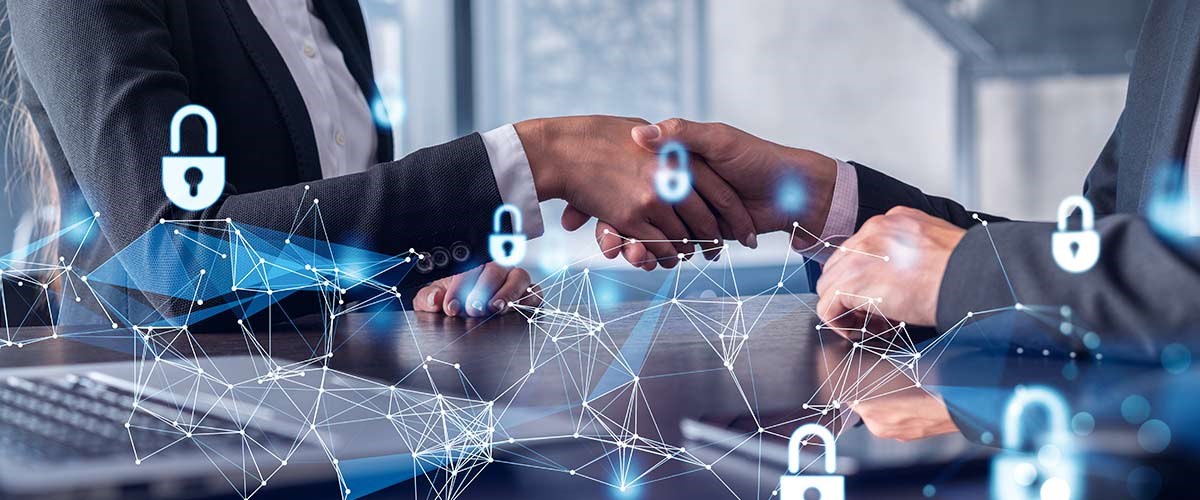 Woman shaking hands with a man with padlock icons around it.