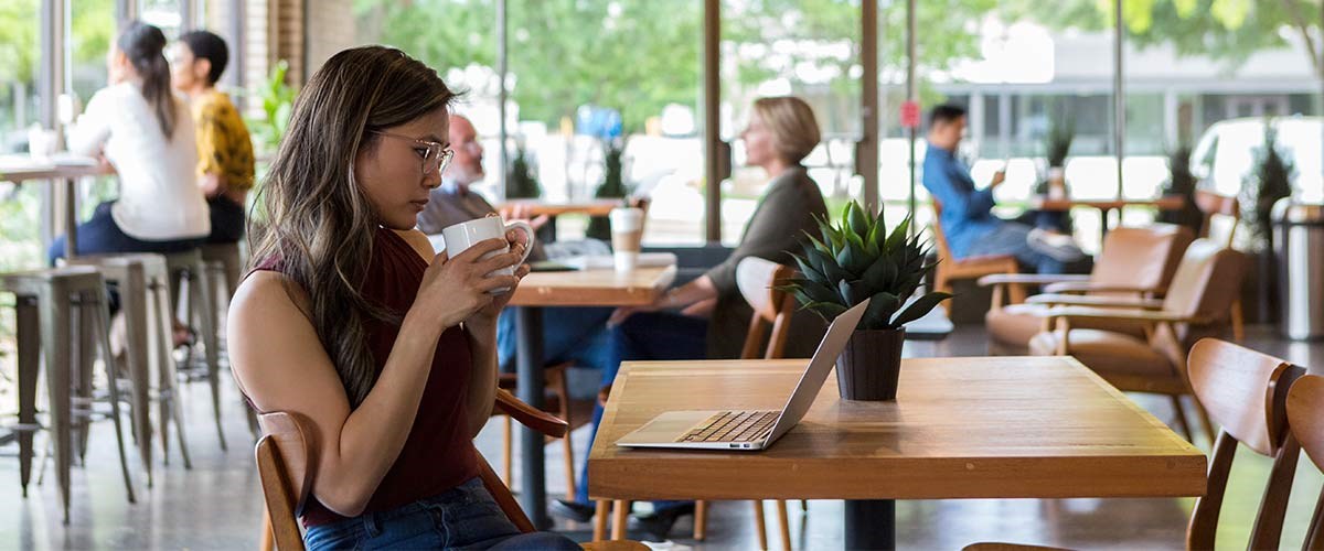 Woman working in a public space.