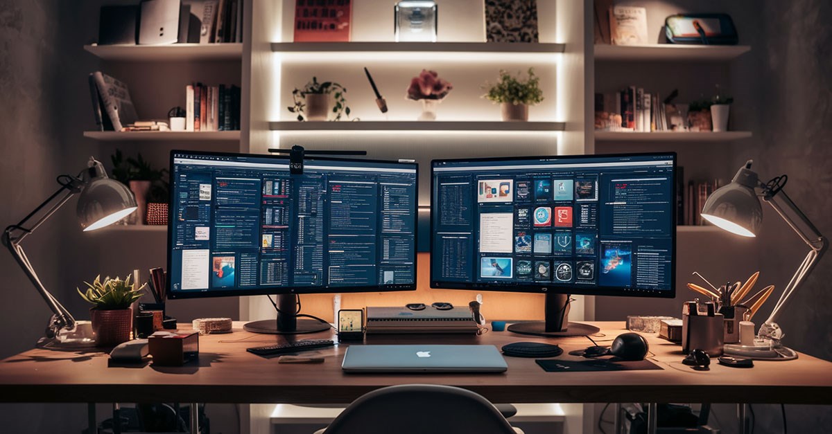 Desk setup featuring two large curved monitors side by side.Below the monitors is closed MacBook. 