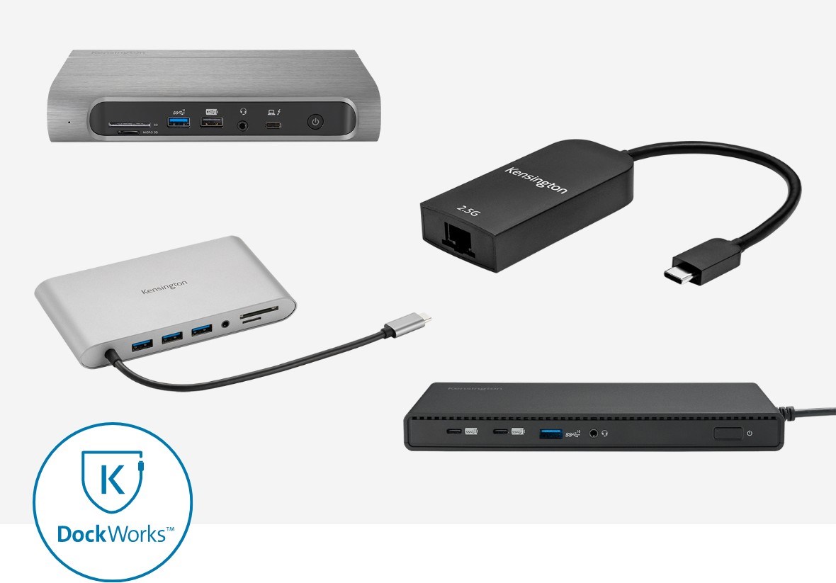 Illustration of Kensington docking stations, mobile docks, hubs, and adapters all compatible with DockWorks.