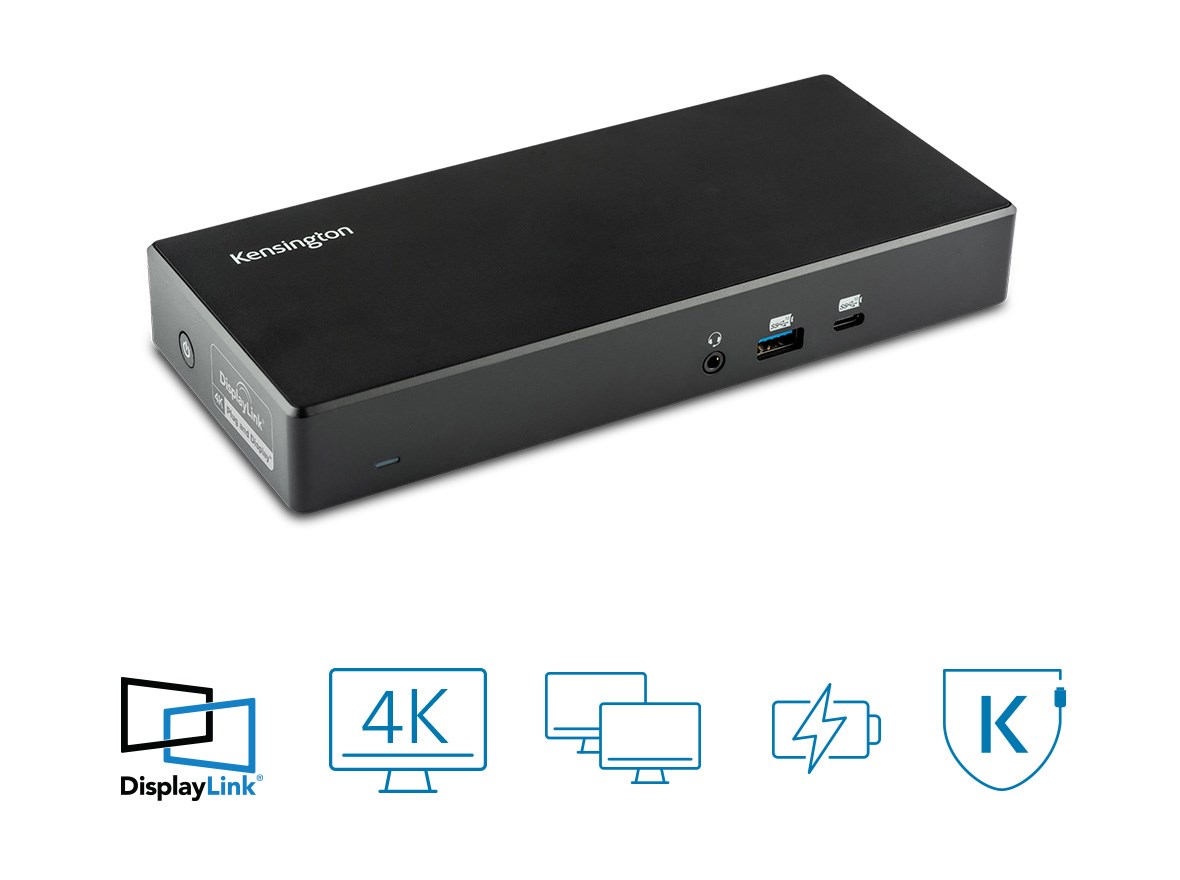 DisplayLink docking station and its badges: DisplayLink logo, single 4K, dual displays, power, and DockWorks™ Software.